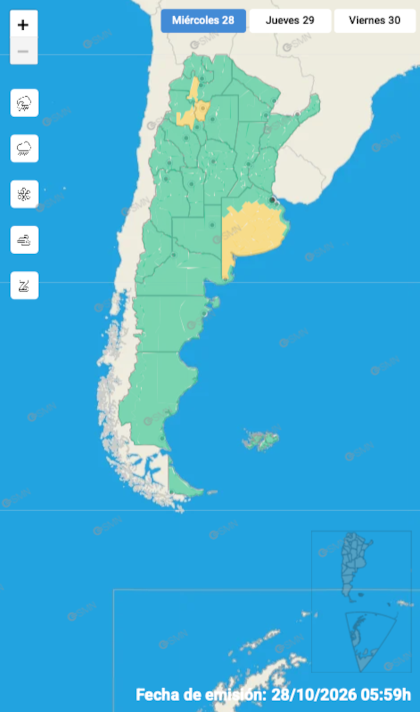 Mapa de alertas del SMN para el miércoles 28 de octubre