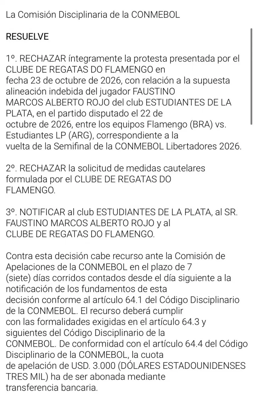 Resolución de Conmebol sobre el reclamo por Marcos Rojo