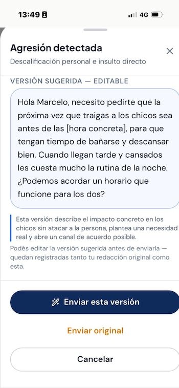 Captura de la aplicación que detecta expresiones hostiles y propone reformular el mensaje