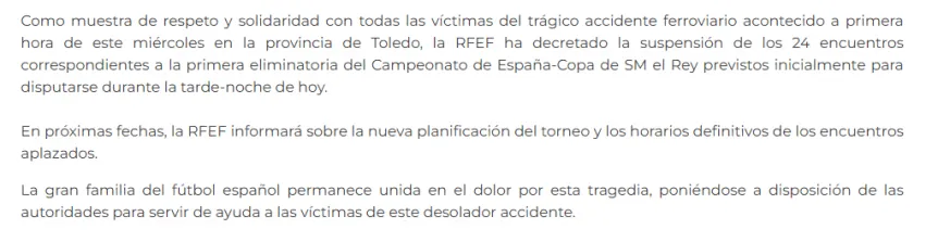 Comunicado de la Real Federación Española de Fútbol sobre la suspensión de los partidos